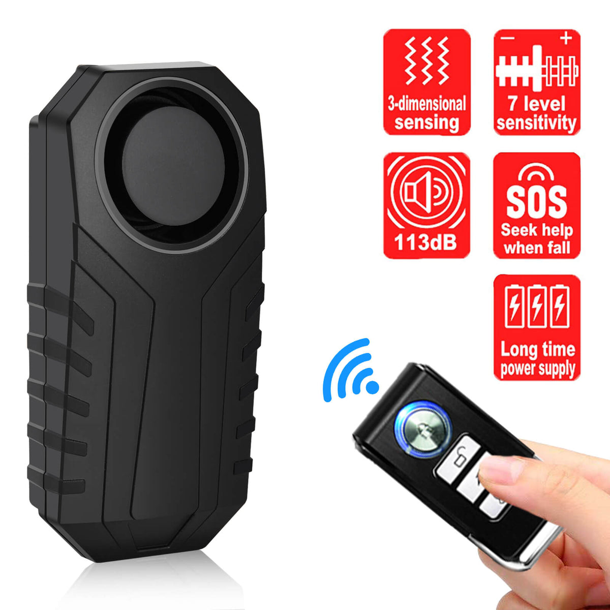 Motorcycle Alarm Anti-Theft with Remote – 113dB Loud Siren for Moped Scooter Bike, Adjustable Sensitivity, Universal Handlebar Strap, Easy Install