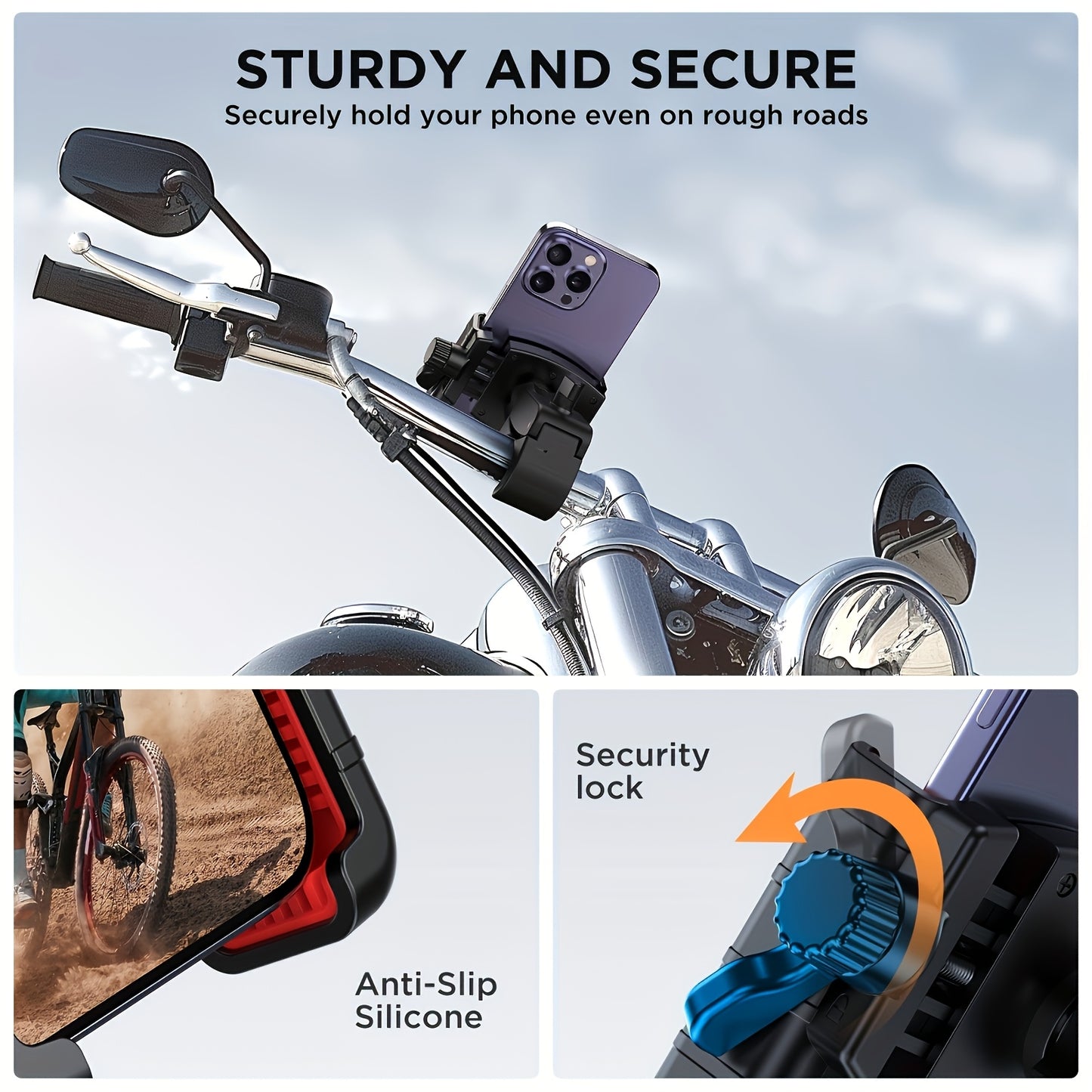 Motorcycle Phone Mount Bike Phone Holder – Quick Lock, Camera-Friendly, Universal Handlebar Clamp for iPhone Samsung 4–7" Phones, Scooter & Bicycle