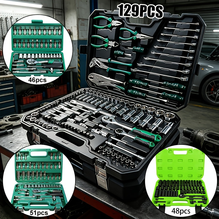 [48pcs Tool Set] Socket Wrench Set, 48pcs Tool Set - 1/2-inch Sockets, 46/51/129pcs with 1/4-inch Ratchet Wrenches, Including Extension Rods, Universal Slide Rail Extension Tubes, Containing 72-tooth Ratchet Wrenches, Suitable for Automotive Repair And Ho