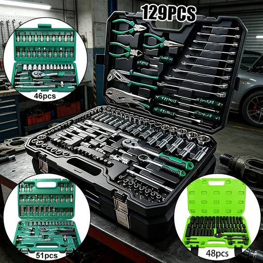 [48pcs Tool Set] Socket Wrench Set, 48pcs Tool Set - 1/2-inch Sockets, 46/51/129pcs with 1/4-inch Ratchet Wrenches, Including Extension Rods, Universal Slide Rail Extension Tubes, Containing 72-tooth Ratchet Wrenches, Suitable for Automotive Repair And Ho