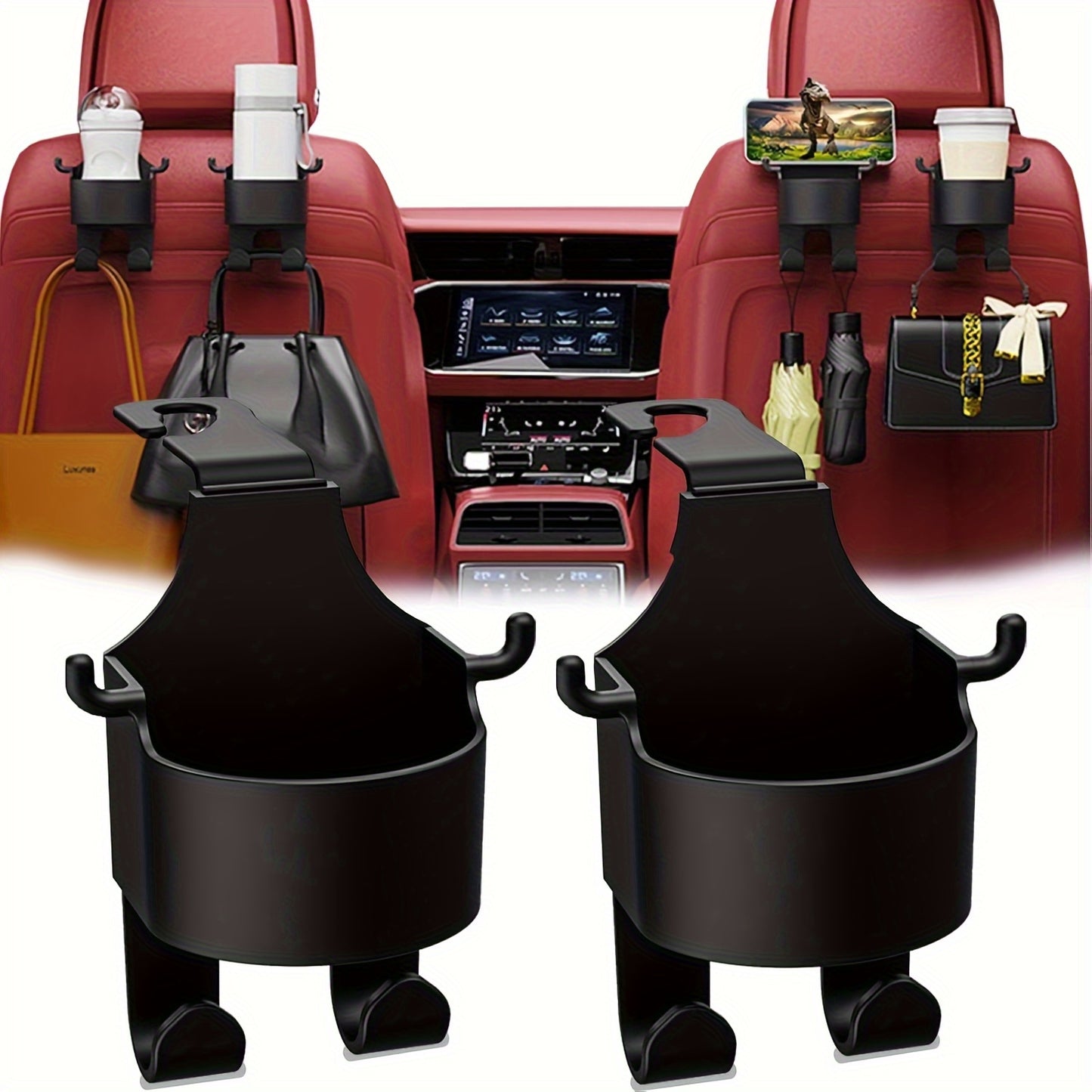 4pcs Multi-Function Car Seat Back Hook, Multi-Functional Car Seat Rear Hook, 2-In-1 Car Hook with Cup Holder- Essential Auto Interior Organizer Additions, Car Seat Headrest Hooks, Mini Car Trash Can
