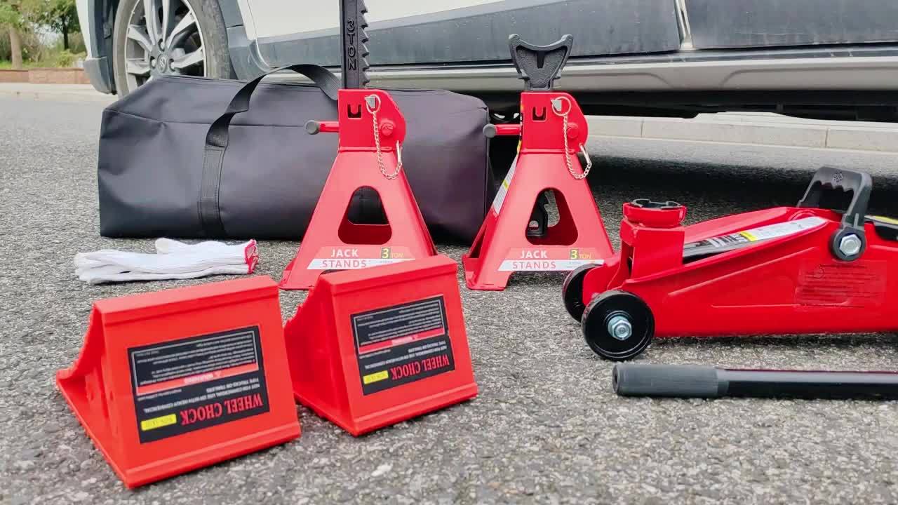 2/2.5/3 Ton Capacity, Jack Kit Low Profile Hydraulic Trolley Service/Floor Jack Combo, Multiple Meal Plans to Choose from 3 Ton Jack Stands 2PCS, Tire Repair Kit, 14-inch Wheel Cross Wrench, Wheel Chock, Jack Accessories Red/Blue