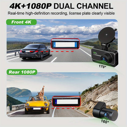 4K Dashboard Camera for Vehicles with WIFI, Video Recording Capabilities, Rear View Camera, Night Vision, And Parking Monitoring (Includes 64GB Memory Card)