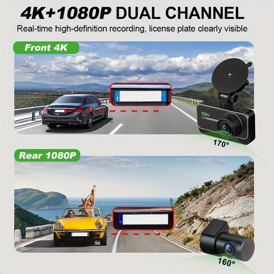 4K Dashboard Camera for Vehicles with WIFI, Video Recording Capabilities, Rear View Camera, Night Vision, And Parking Monitoring (Includes 64GB Memory Card)