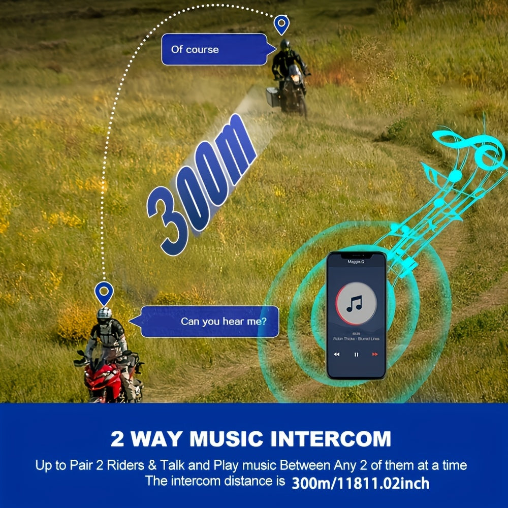 Motorcycle Helmet Headset 1000mAh, Wireless Intercom for Riders, Hands-Free Calls & Music, Voice Control, Noise Cancelling, HD Speakers, Long Battery Life