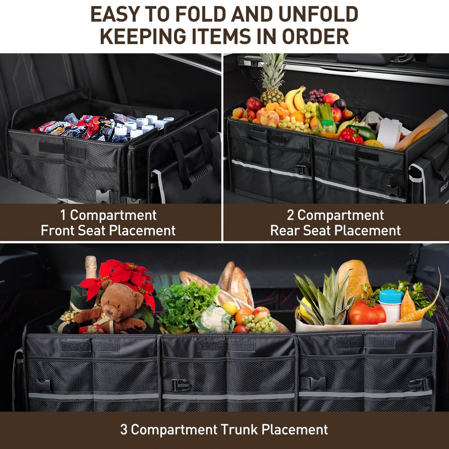 Car Trunk Organizer, Heavy Duty Foldable Storage Organizer, Collapsible Bag Cooler Bag with Lid, 3 Compartments & Straps, Insulated Leakproof Car Cargo Trunk Organizer for Car Truck