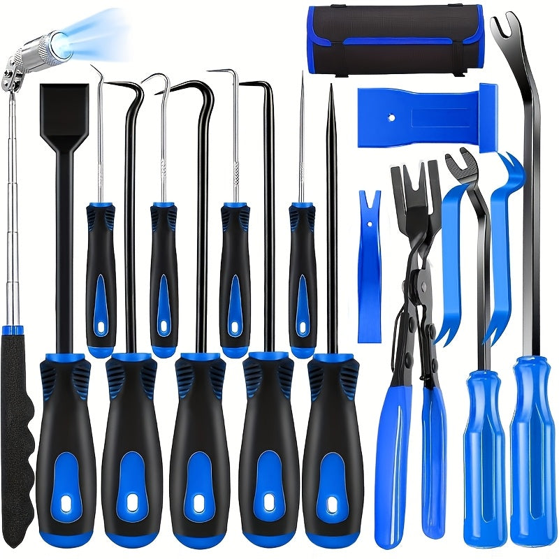 17pcs Professional Auto Trim Removal Tool Kit - with Picks, Pry Tools, Metal Scraper & Magnetic Telescopic Pickup for Car Dash, Panel, Bicycle Maintenance