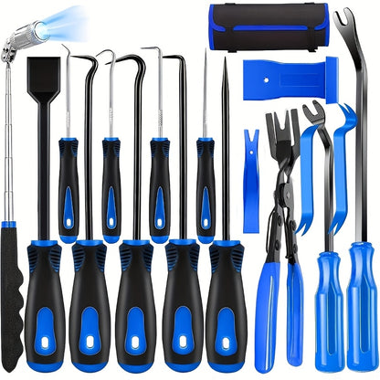 17pcs Professional Auto Trim Removal Tool Kit - with Picks, Pry Tools, Metal Scraper & Magnetic Telescopic Pickup for Car Dash, Panel, Bicycle Maintenance