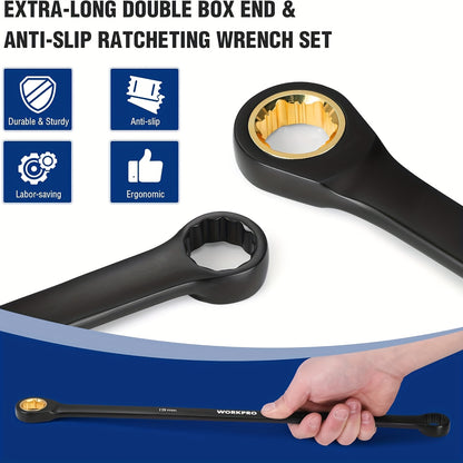 WORKPRO Extra Long Ratcheting Wrench Set, 10pcs Anti-Slip Double Box Wrenches Set, Metric 8-19mm, 72-Teeth, Cr-V Steel And Black Electrophoretic Coating Wrenches with Rolling Pouch