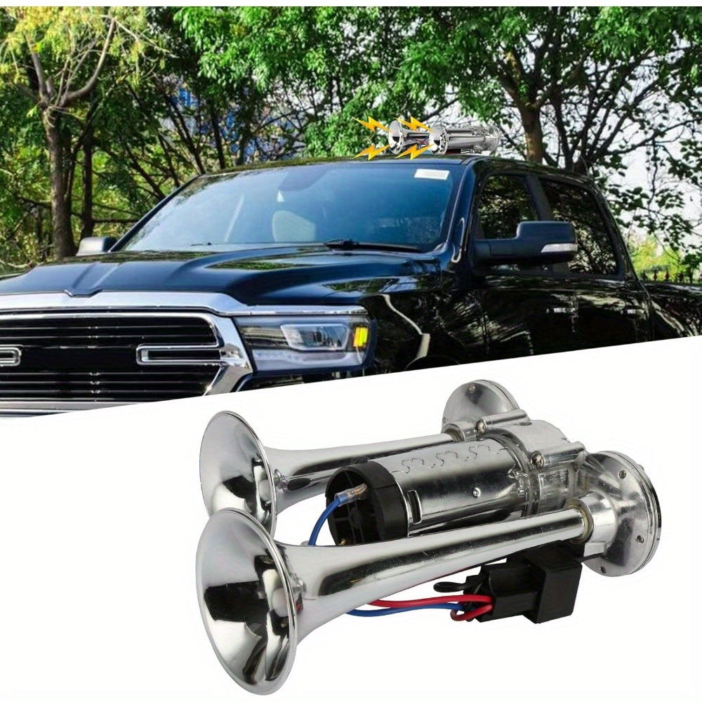 Dual Trumpet Electric Air Horn 110dB 12V Chrome for Car Truck Boat SUV Motorcycle – Loud Horn Kit with Compressor & Mounting Hardware