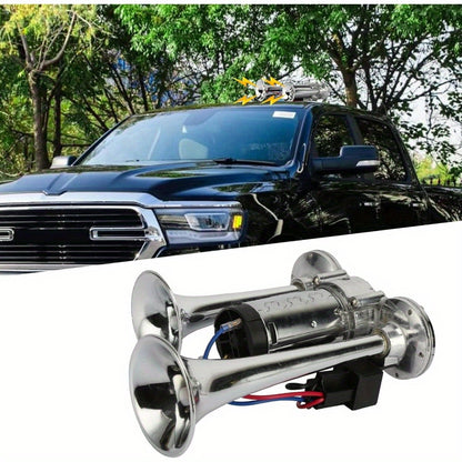 Dual Trumpet Electric Air Horn 110dB 12V Chrome for Car Truck Boat SUV Motorcycle – Loud Horn Kit with Compressor & Mounting Hardware
