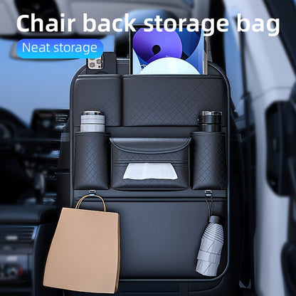 1pc High Quality Black Car Seat Back Organizer - Large Capacity PU Leather Storage Bag for Water Bottles, Tablets, Laptops And Accessories, Stylish Multi Compartment Backseat Organizer for Easy Car Storage