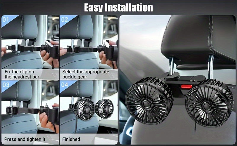 Dual Head Rear Car Fan with Super Powerful Cooling - Quiet Dual Head Fans, Ultra-Low Noise, Foldable Design, Long 70-inch USB Cord, for Cars, Home, Office, Travel - Vehicle Compatibility, Home Ventilation, Sleek Design, Efficient Airflow, Office Workers