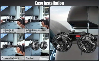 Dual Head Rear Car Fan with Super Powerful Cooling - Quiet Dual Head Fans, Ultra-Low Noise, Foldable Design, Long 70-inch USB Cord, for Cars, Home, Office, Travel - Vehicle Compatibility, Home Ventilation, Sleek Design, Efficient Airflow, Office Workers