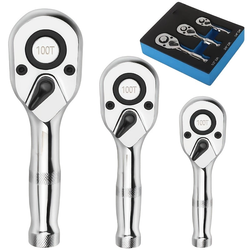 6pcs/3pcs Twist Head Ratchet Set, 1/4", 3/8", 1/2" Drive, Twist Head Ratchet Wrench with Extension Bar, 72 Teeth, 180° Adjustable, Quick Release, Flexible Ratchet Handle with EVA Foam.
