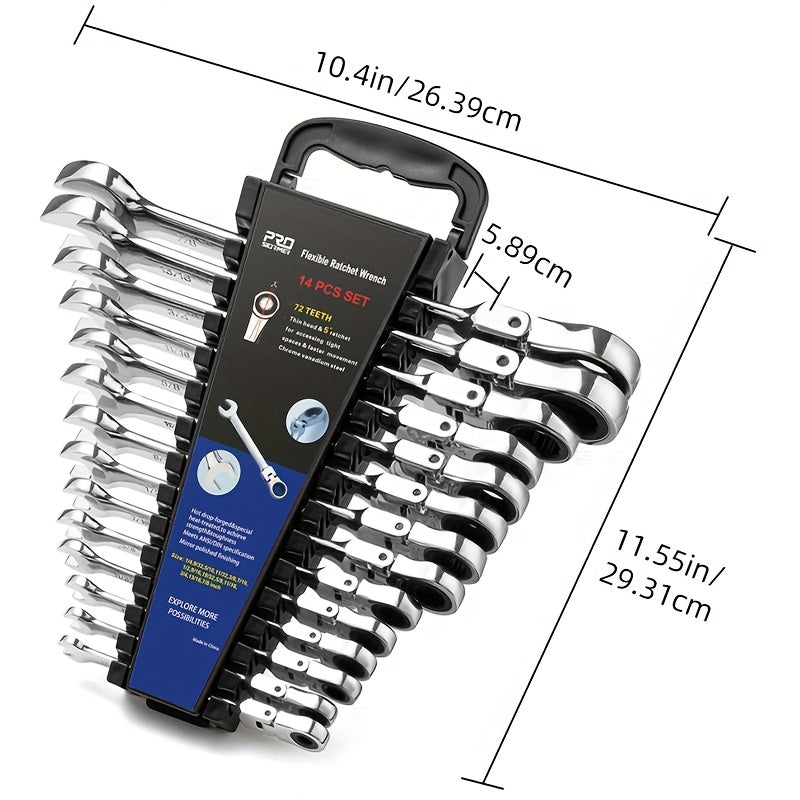 Professional 14-PCS SAE Flex Head Ratcheting Wrench Set - 1/4" To 7/8" Chrome Vanadium Steel With Organizer Rack - For Automotive & Mechanical Repair