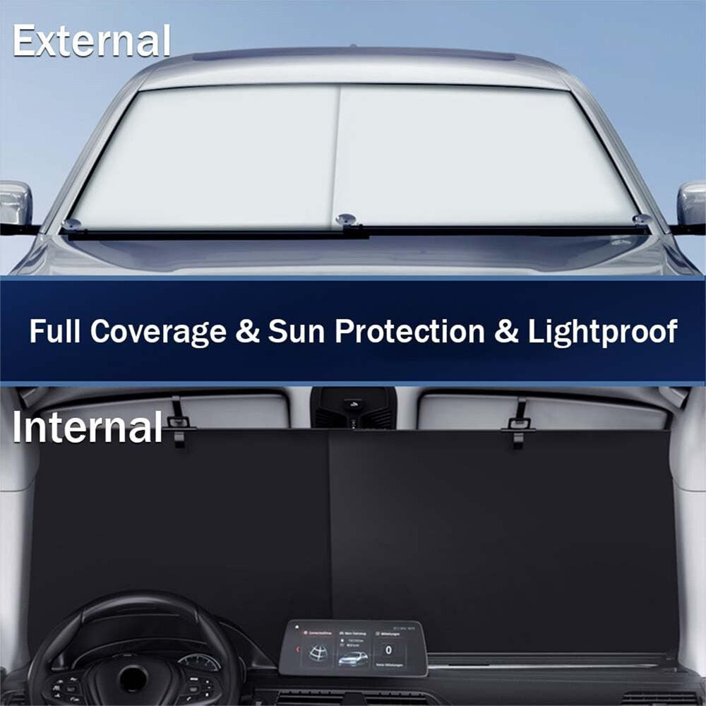 New Automatic Retractable Car Windshield Sunshade - Foldable Front Window Sunshade Blocks 99% of UV Rays And Heat, Fits Most Cars, Features a Easy Rolling Mechanism And Suction Cups (1 Pair)