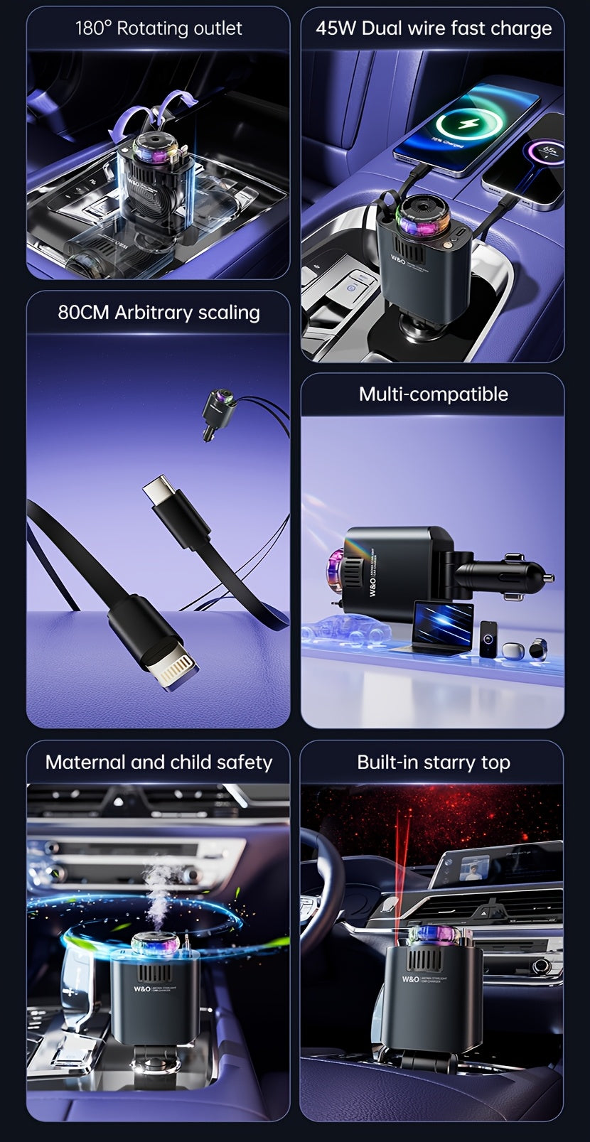 Three-In-One Multifunctional Car Charger, Perfume Machine, Starry Sky Ceiling Light, Dual 80cm/32inch Type-C+Lightning Retractable Cable, Air Freshener, Adapter For IPhone 16/15/Plus/Pro Max, For S25/24, Great Christmas Birthday Gift.