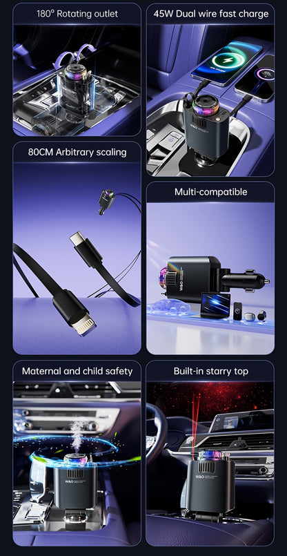 Three-In-One Multifunctional Car Charger, Perfume Machine, Starry Sky Ceiling Light, Dual 80cm/32inch Type-C+Lightning Retractable Cable, Air Freshener, Adapter For IPhone 16/15/Plus/Pro Max, For S25/24, Great Christmas Birthday Gift.