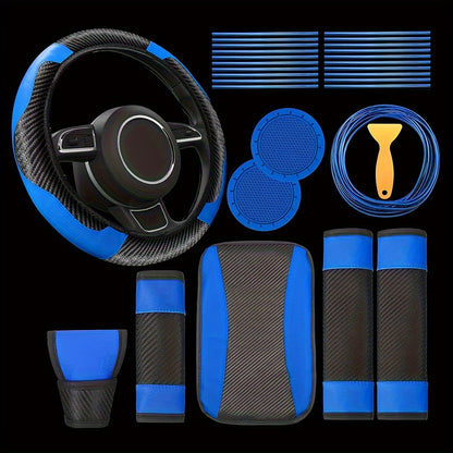 30pcs PU, Carbon Fiber Car Steering Wheel Cover, Car Air Outlet Decorative Strip Simple and Easy to Install, Universal Model