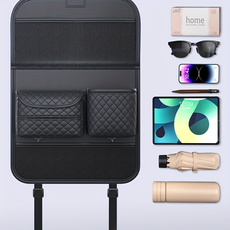 2025 New Spacious Faux Leather Car Seat Back Storage Bag | Foldable Organizer Featuring Tablet Holder, Cup Holder & Mesh Pocket, Versatile Car Seat Back Organizer for Rear Seats, Perfect Gift