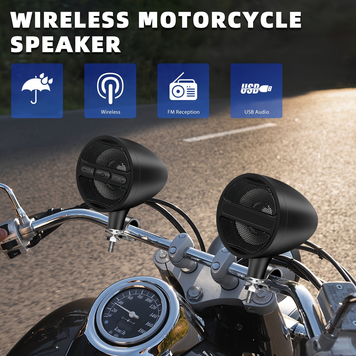 Wireless Motorcycle Audio Stereo Speaker, 12V Handlebar Mount MP3 Music Player Sound Audio Stereo, MP3 USB FM Radio
