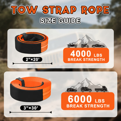Heavy Duty Recovery Tow Strap, 4000/6000LBS Break Strength (3"x30'/2"x20'), Emergency Recovery Strap Tow Rope for Truck for JEEP ATV UTV Offroad 4x4 Use & More, Towing Strap with 2pcs D Ring Shackles, Reflective Safety Flag, Storage Bag