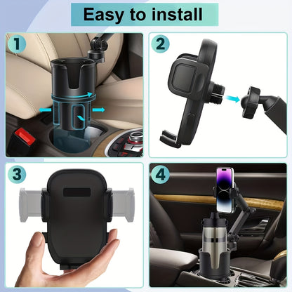 Cup Holder Phone Mount, 2-In-1 Cup Holder Expander for Car Long Arm with 360° Rotation Cup Holder Cell Phone Holder for Car Compatible with All Smartphones