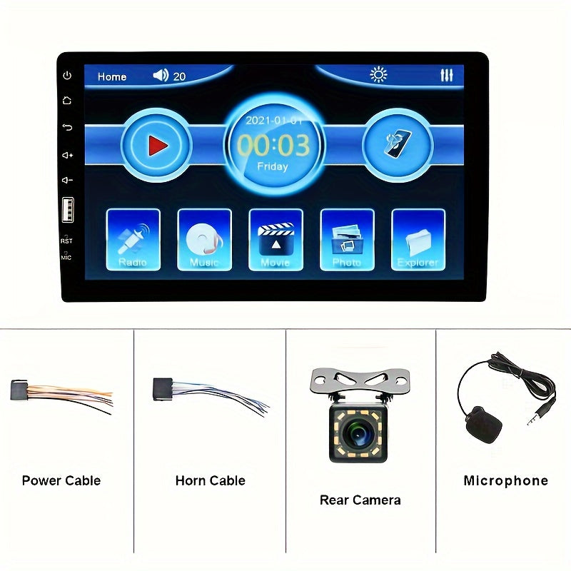 1 Din 9-Inch Car MP5 Player Stereo Radio with 2.5D HD 1080P Touch Screen, Supports Mirror Link, FM, AUX, Includes External Microphone And Rear View Camera