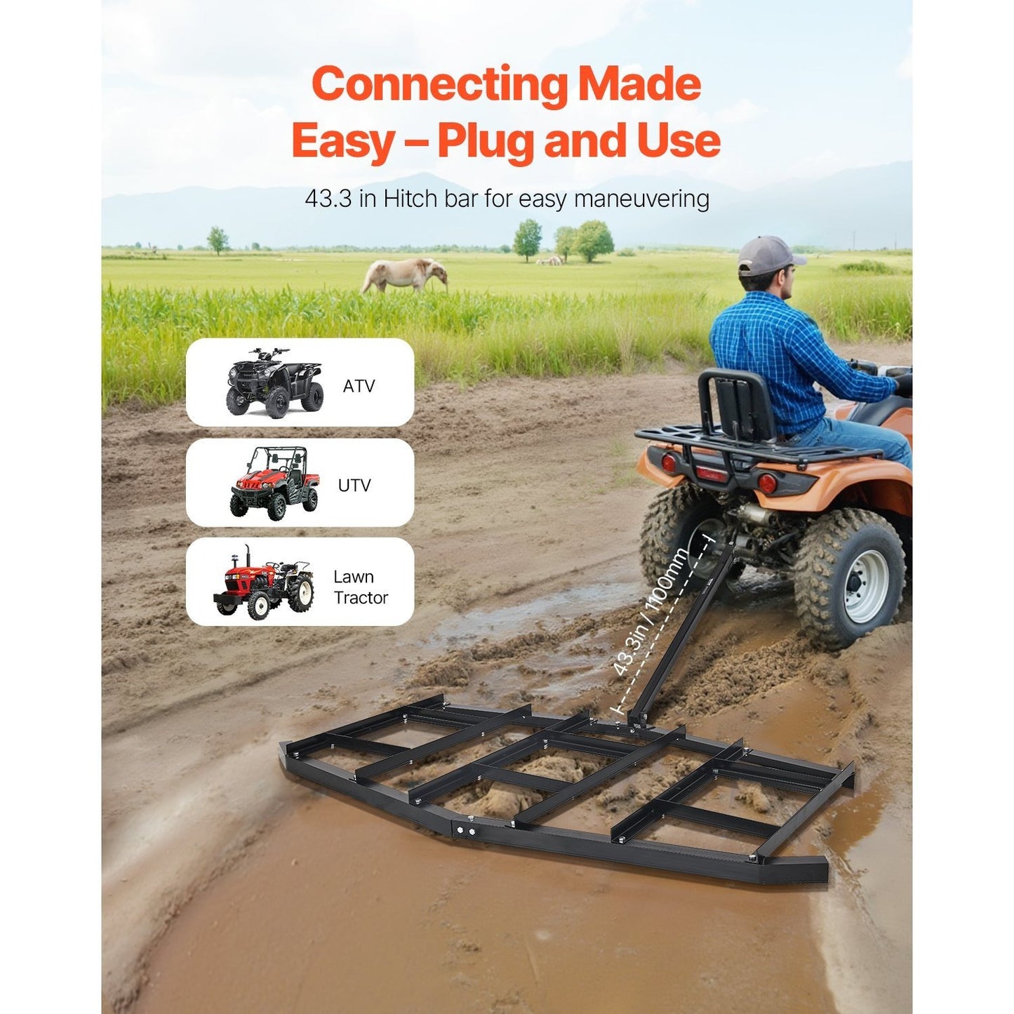 Drag Harrow 66/74/84" Width Tow Behind Drag Harrow Steel Gravel Grader ATV UTV
