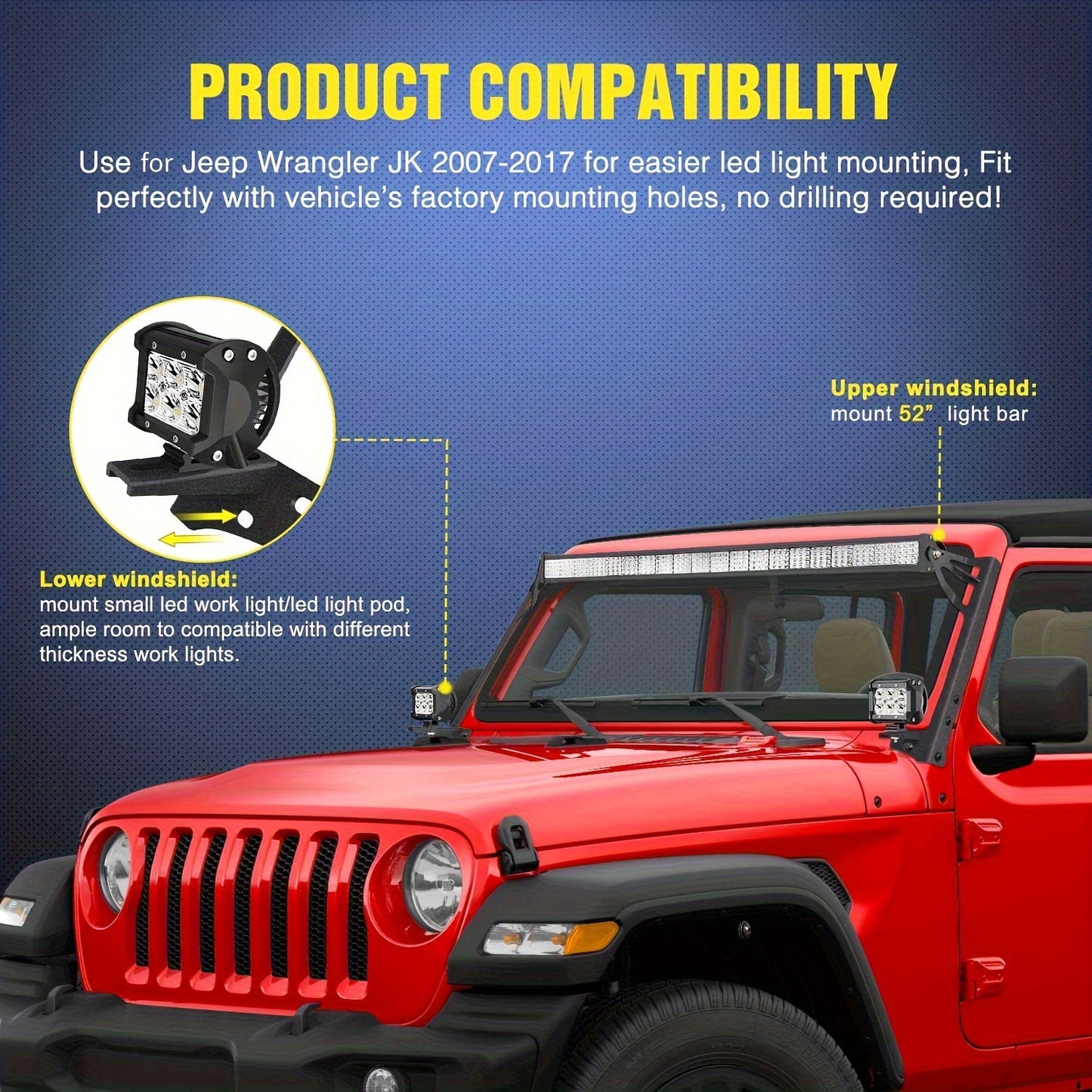 [LED Light Bar Combo] 52Inch LED Light Bar Combo Beam 2pcs 18W 4Inch S Beam LED Pods Windshield Frame Mounting Bracket for Jeep for Wrangler JK 2007-2017 with Off Road Wiring Harness 3 Leads