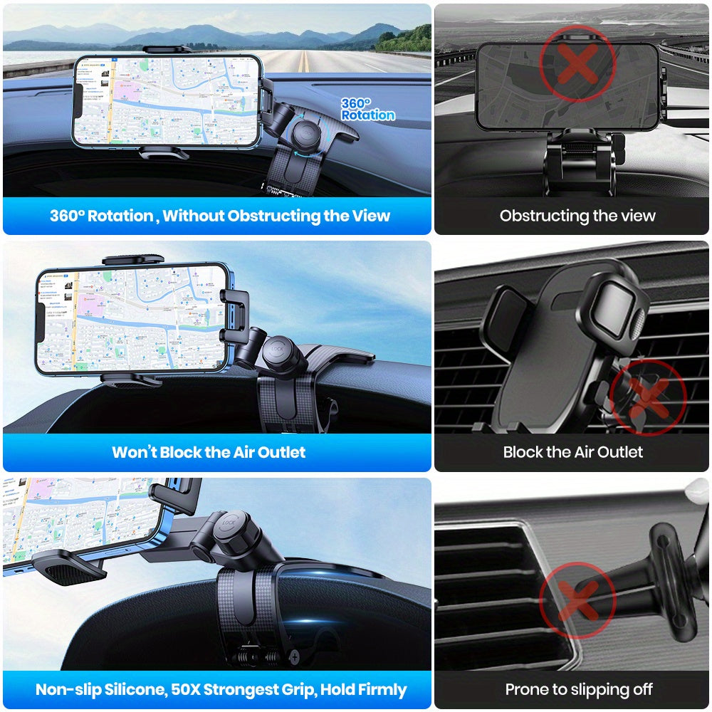 Phone Mount for Car Dashboard, 360 Degree Adjustable Cell Car Phone Holder with Anti-slip Silicone Clip [Multi-Angles&Stable] for All Smartphone