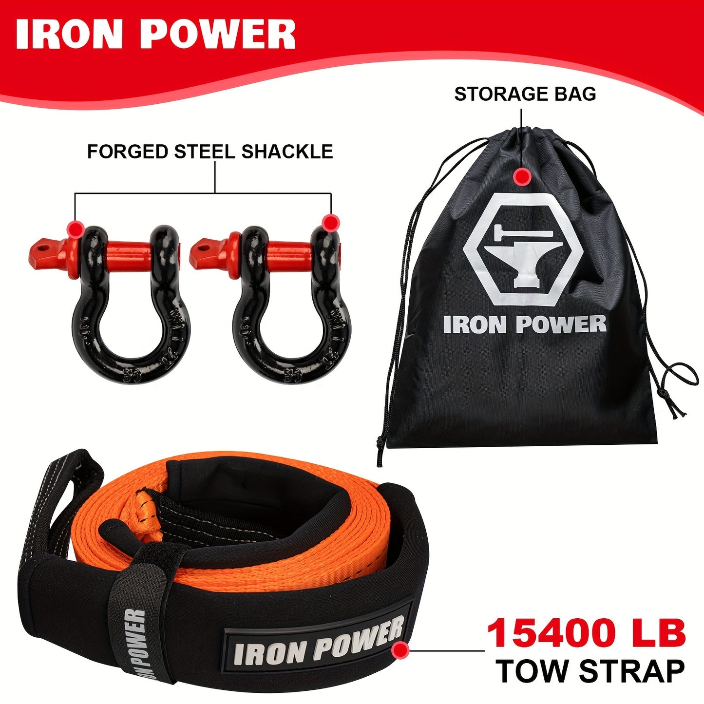 2'' × 20ft Emergency Tow Straps Kit Towing Rope + 1/2 D Ring Shackles (2pcs)