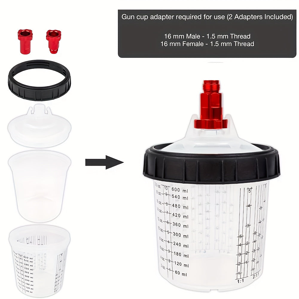 Disposable Paint Cup Liners 50-Pack – 20oz PPS Cups with Lids, 125-Micron Strainers, HVLP Spray Gun Adapters & Stirrer for Automotive Painting