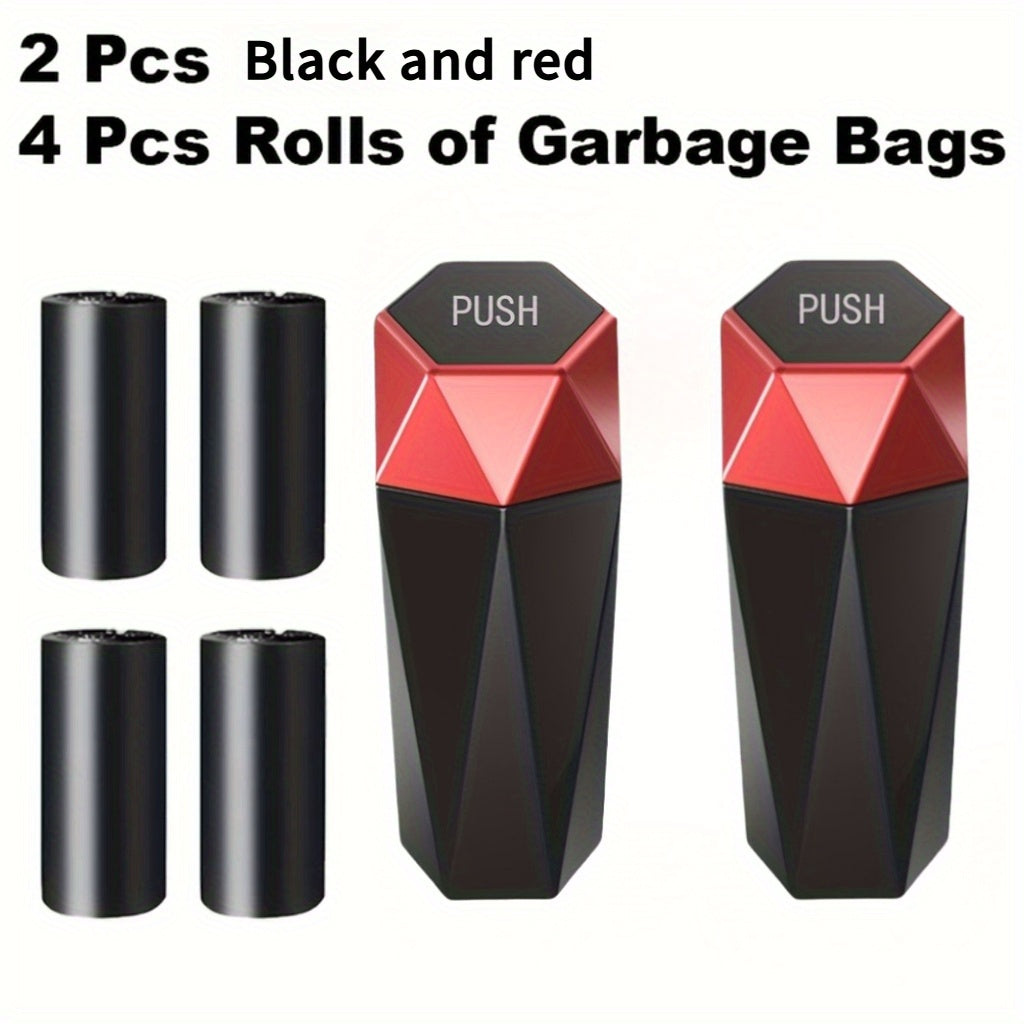 6pcs Car Storage, Creative Mini Diamond Car Trash Can, 2 Trash Cans, 4 Rolls of Trash Bags (60 Trash Bags), Stylish, Easy to Operate, One-Button Operation, Make Your Car Cleaner And Tidier, Suitable for Most Cars, Trucks And Suvs