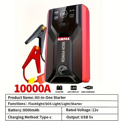 Wireless Car Jump Starter, Battery Jump Starter Portable Peak, Portable Car Battery Charger 12V (8.0L GAS/1.72 Gallon Diesel) Quick Car Start, USB Input/output, LED Emergency, Car Accessory Tool