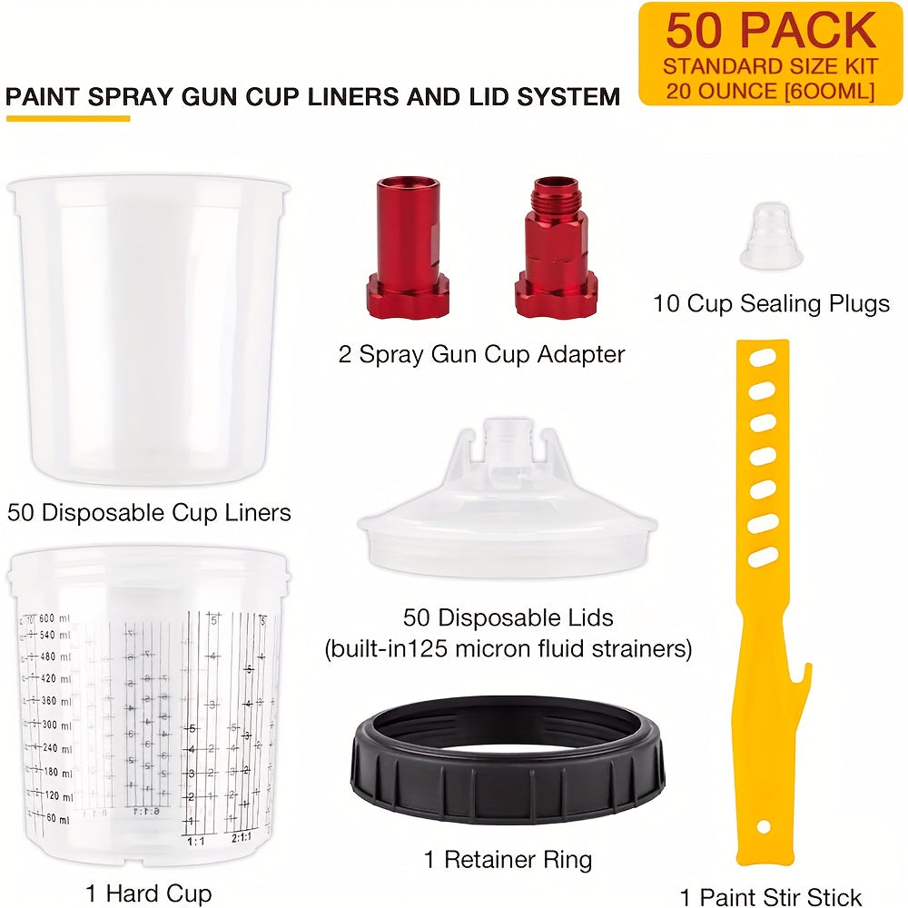 Disposable Paint Cup Liners 50-Pack – 20oz PPS Cups with Lids, 125-Micron Strainers, HVLP Spray Gun Adapters & Stirrer for Automotive Painting