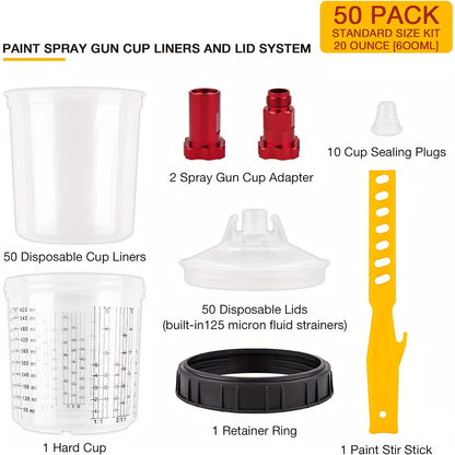 Disposable Paint Cup Liners 50-Pack – 20oz PPS Cups with Lids, 125-Micron Strainers, HVLP Spray Gun Adapters & Stirrer for Automotive Painting