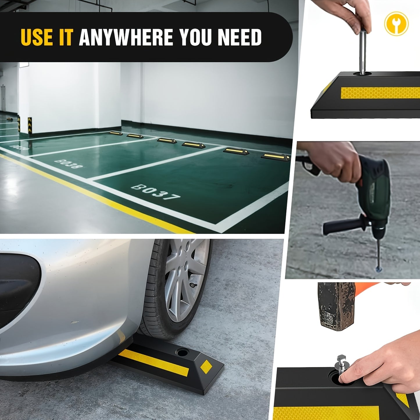 Heavy Duty Rubber Parking Guide - Premium Quality Durable Car Garage Wheel Stopper Professional Grade Park with Reflective Yellow Tape Curb