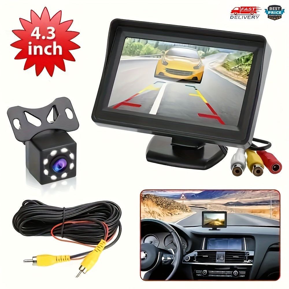 8 LED HD Reversing Camera Kit with 4.3 Inch Monitor | Backup Camera Car Rearview Mirror HD Parking System Night Vision, Wide Angle Lens, USB Charging, Video Resolution, No Battery - Perfect for Cars, Pickups, SUVs