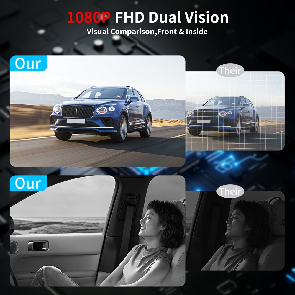 1080P HD Front And Cabin Dual-Camera Dash Cam, Equipped with 2-Inch IPS Screen, 170° Front Wide Angle And 140° Rear Wide Angle, ADAS Driving Assistance, G-Sensor, Loop Recording, Night Vision, 24-Hour Parking Mode - Sd Card Not Included