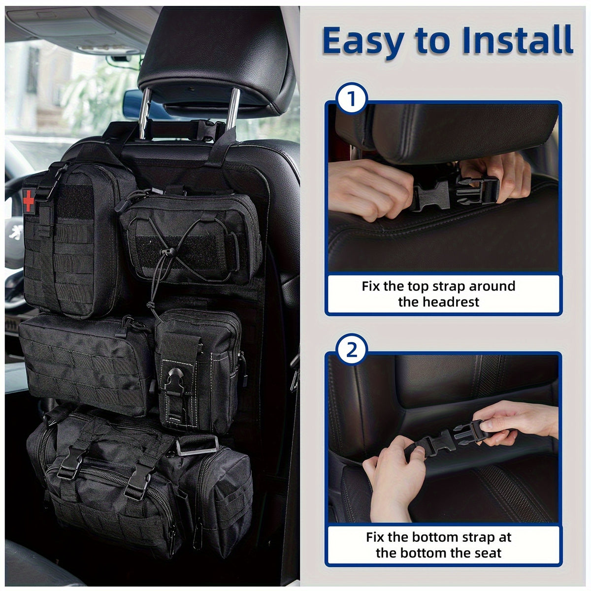 MOLLE Tactical Car Seat Organizer 5-Pocket – Heavy-Duty Nylon Seat Back Storage Bag | Universal Fit Jeep Truck SUV Off-Road Black