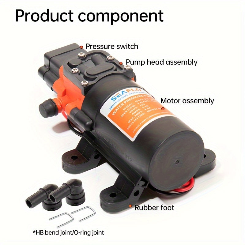 Marine Water Pump with Auto Priming Feature, Diaphragm Type, Suitable for Boats, Showers, And Bathrooms, Designed for RV Caravans, Operates at 35PSI And 12V, Without Battery