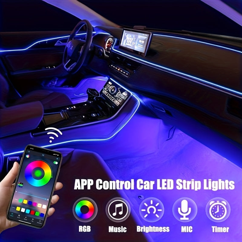 RGB Car Interior LED Light Kit, USB Powered with App & Remote Dual Control, Music Sync Fiber Optic Strip Lights for Dashboard & Door, Battery-Free Ambient Atmosphere Christmas Decorative Lighting, Easy Installation, DIY Car Mod