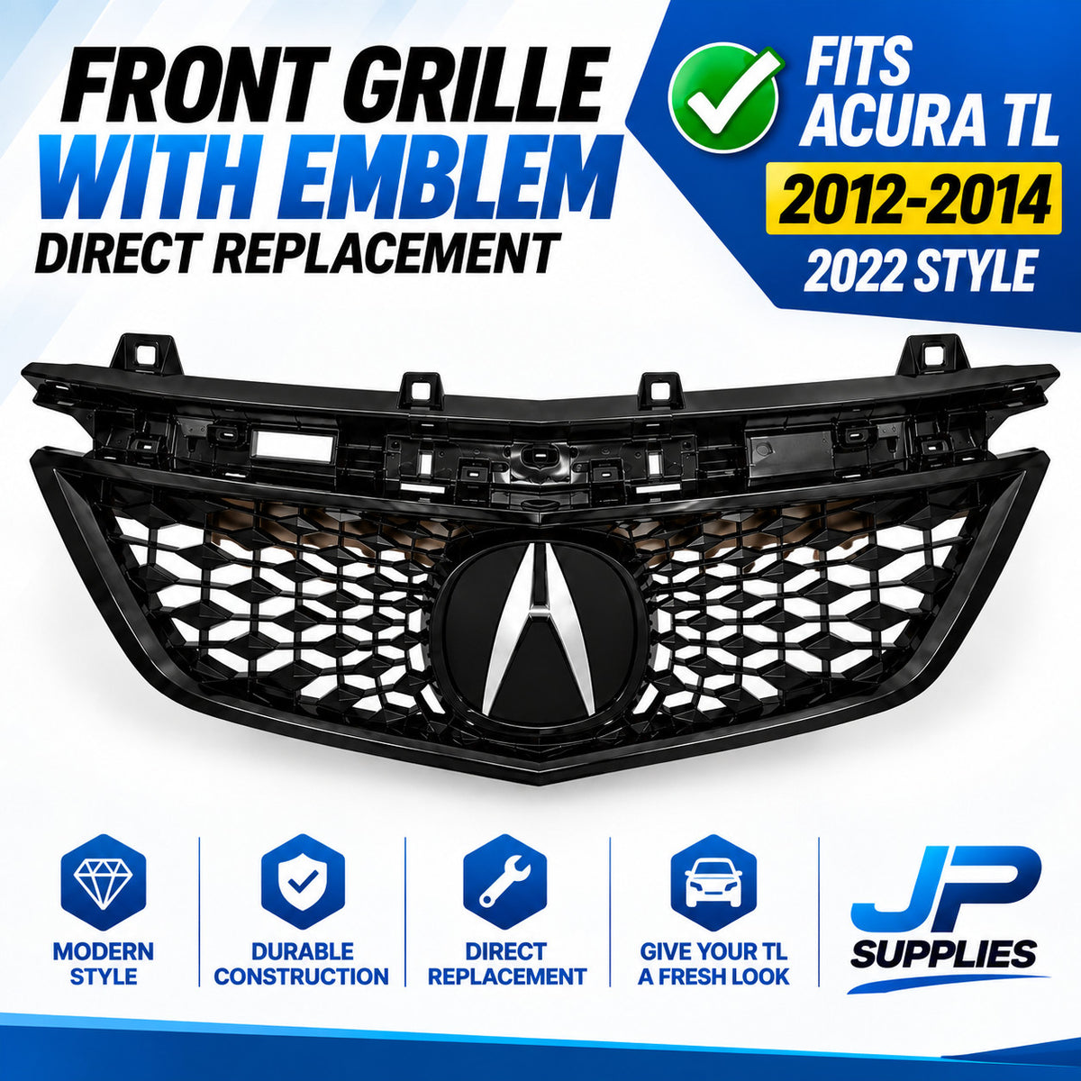 Fits Acura TL 2012-2014 2022 Style Conversion Grille & Emblem Kit Gloss Black