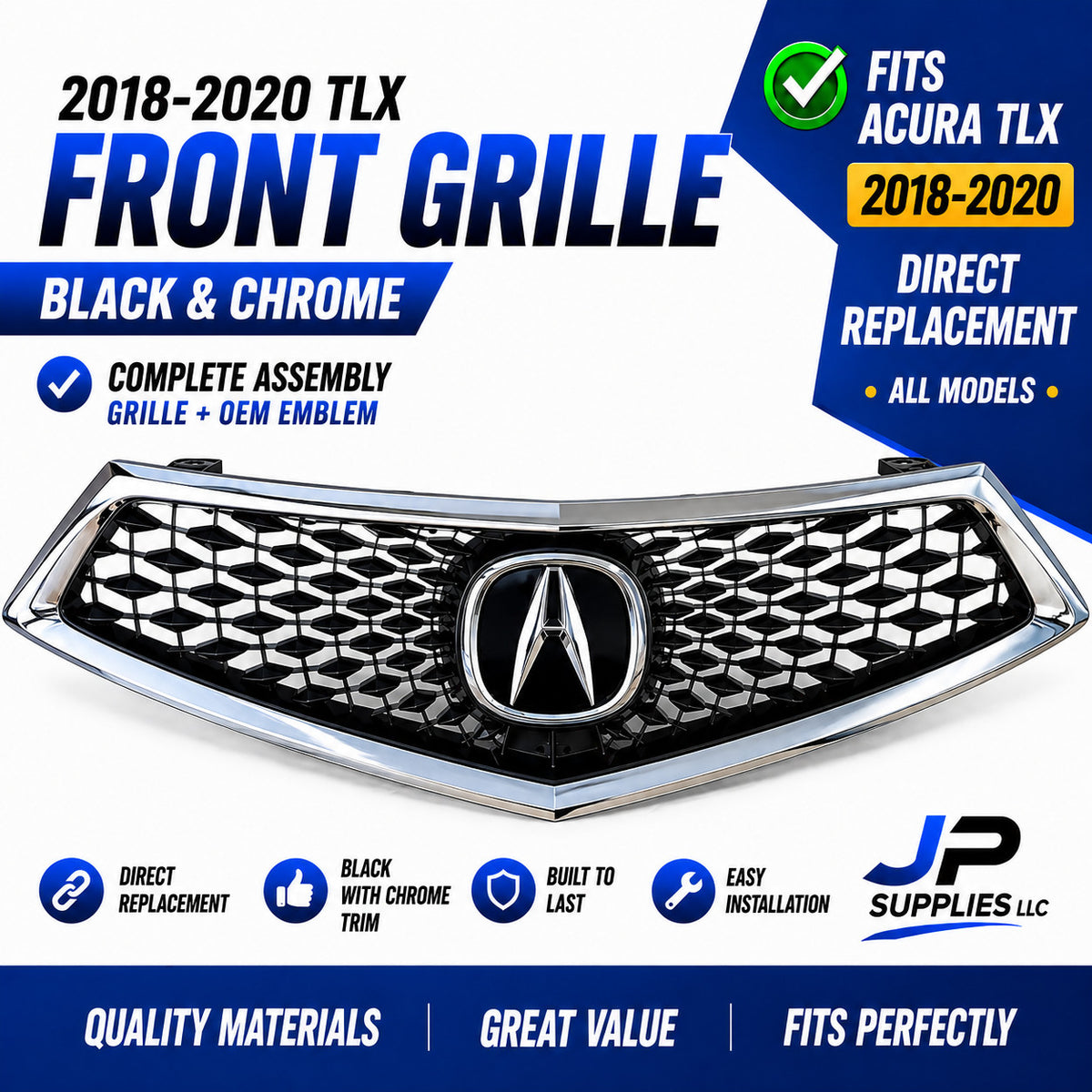 NEW Fits 2018-2020 Acura TLX Front Grille Grill w/Emblem Black Chrome