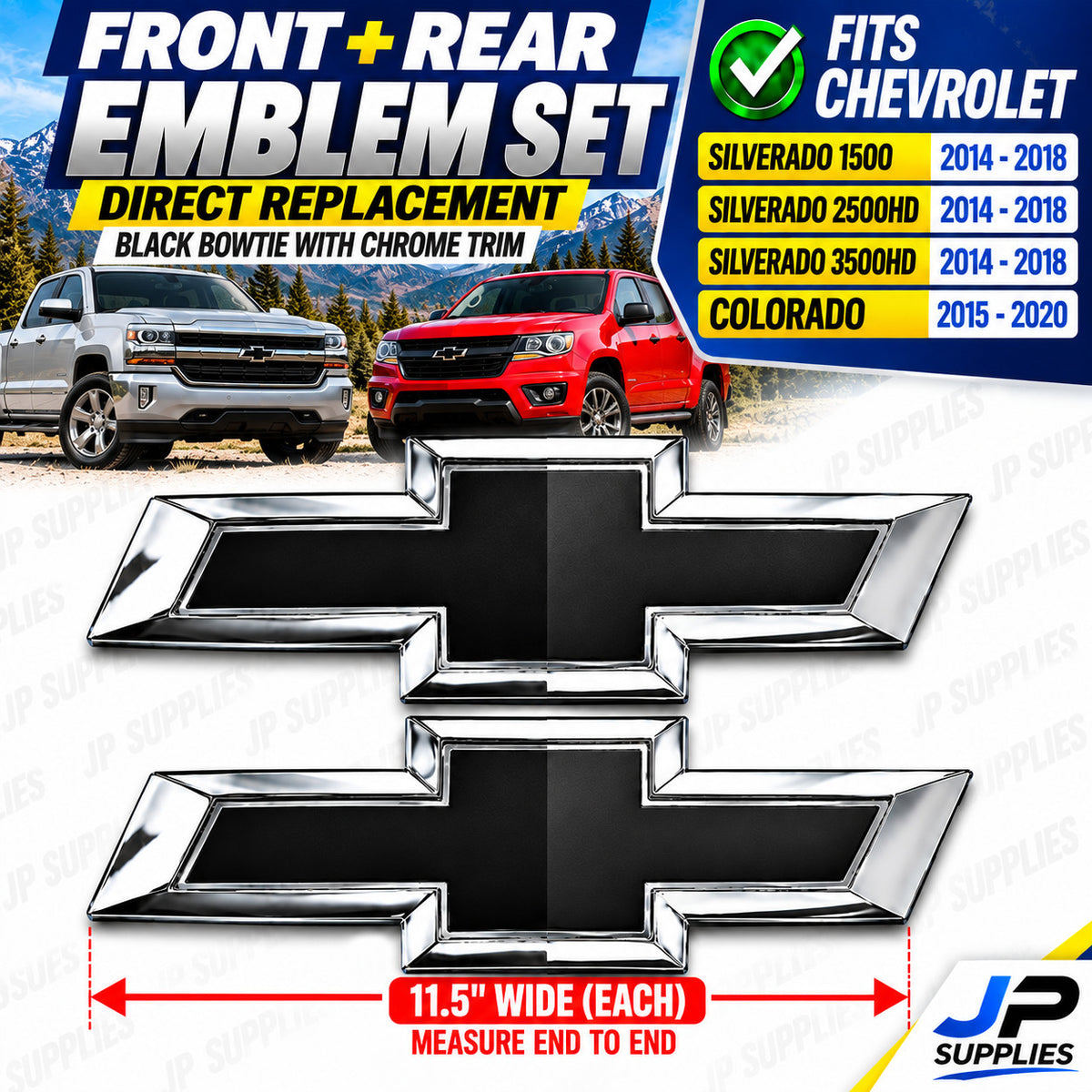 Fits Chevy Silverado Colorado Front Rear Bowtie Set Black Chrome 2014-2020