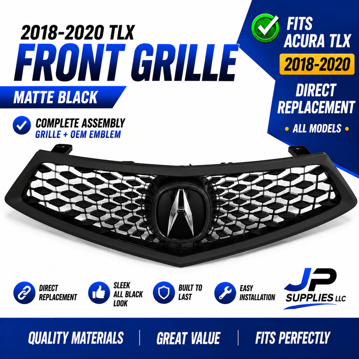 For 2018-2020 Acura TLX Front Grille Assembly All Black + OEM Take-Off Emblem
