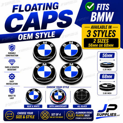 56mm 68mm Floating Center Caps Fits BMW Blue Black 50th Anniversary Set of 4