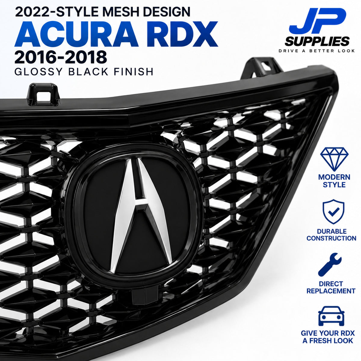 GLOSSY BLACK 2022 STYLE MESH GRILLE WITH EMBLEM FITS 2016-2018 ACURA RDX